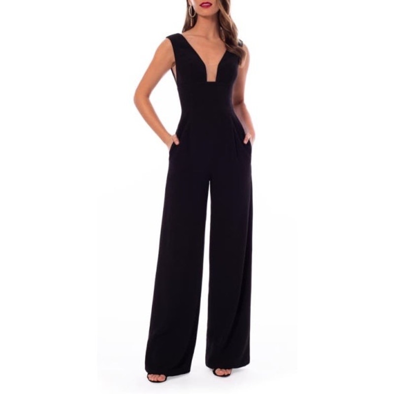 Helsi Zoe Black Plunge Neck Wide Leg Jumpsuit Size Xl New